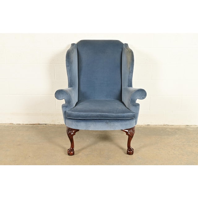 English Kindel Furniture Chippendale Carved Mahogany Blue Velvet Upholstered Wingback Lounge Chair For Sale - Image 3 of 15