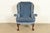 English Kindel Furniture Chippendale Carved Mahogany Blue Velvet Upholstered Wingback Lounge Chair For Sale - Image 3 of 15