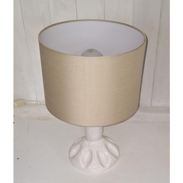 Vintage Handmade Table Lamp with White Ceramic Base and Beige Fabric Shade, 1980s For Sale - Image 4 of 8