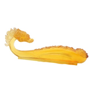 2002 Signed Liuligongfang Amber Crystal Dragon Ruyi Sculpture, Limited Edition No. 483, Loretta Yang Pâte De Verre Art Glass, Chinoiserie Decor For Sale