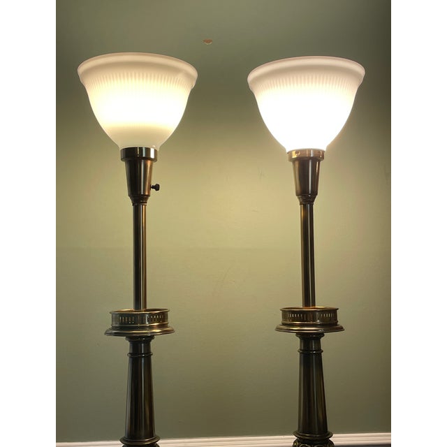 Mid-Century Modern Vintage MCM Stiffel Brass Torchiere Lamps With Diffuser Shades 38" - a Pair For Sale - Image 3 of 11