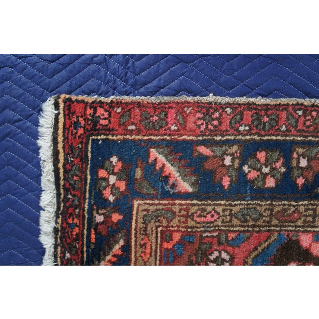 Vintage Hand Woven Geometric Floral Medallion Red & Blue Area Rug Mat 4 X 6' For Sale - Image 11 of 13