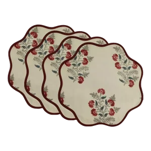Handmade Round Scalloped Winter Floral Placemats, Cream with Burgundy Trim - Set of 4