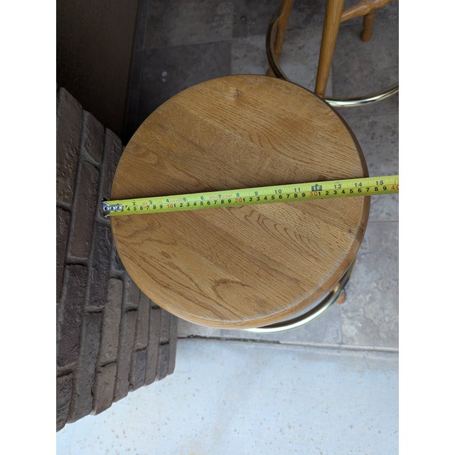 1980s 1980s Four (4) 30" Solid Oak Stools Brass Footrest For Sale - Image 5 of 5