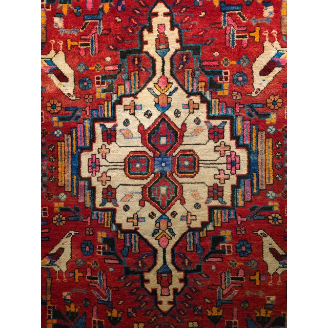 Vintage Persian Hamadan Gallery Area Rug, Hand-Knotted Wool, Tribal Bird Pattern, 6x10, Red & Navy For Sale - Image 16 of 18