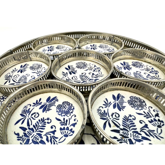 1970s Vintage Blue & White Porcelain Coaster Set With Pierced Metal Tray, Blue Onion Style Barware Set For Sale - Image 5 of 9