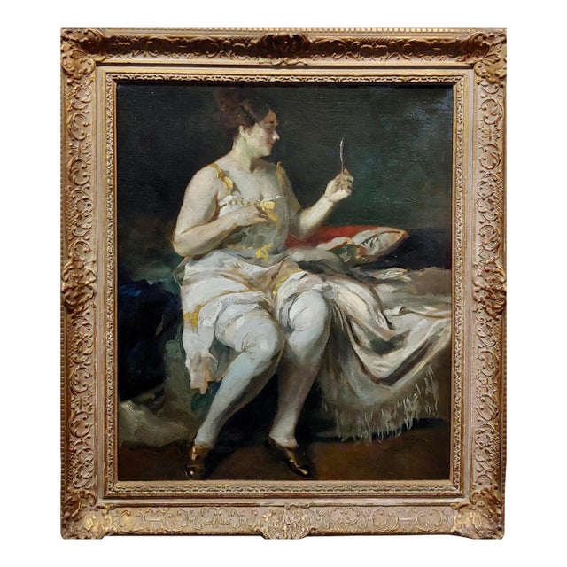 Lajos Jambor -Woman Looking at a Hand Mirror -Oil Painting C.1920s For Sale