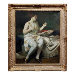 Lajos Jambor -Woman Looking at a Hand Mirror -Oil Painting C.1920s