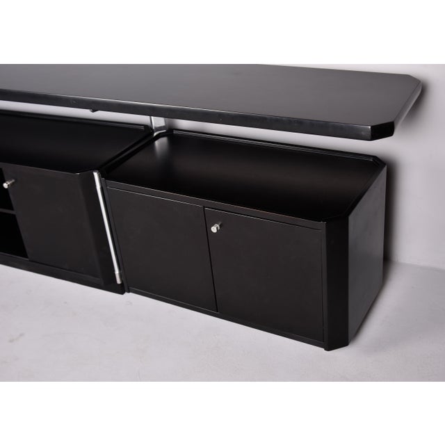Large 1990s Mid Century Italian Two Tier Credenza With Black Finish and Hinged Base For Sale In Detroit - Image 6 of 12