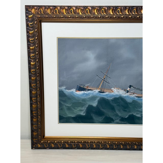 Wood s.s. Livornese in Heavy Seas — Antique Marine Gouache Steam Sail Ship Portrait, Attributed to Luca Papaluca (Italian, 1890–1934) For Sale - Image 7 of 18