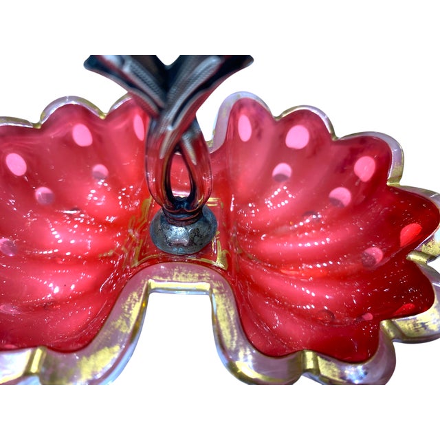 Antique Viennese Biedermeier Ruby Opaline Glass Bonbon Dish With Gilt Floral Enamel Decoration & Silver Handle, c.1830 For Sale - Image 15 of 16