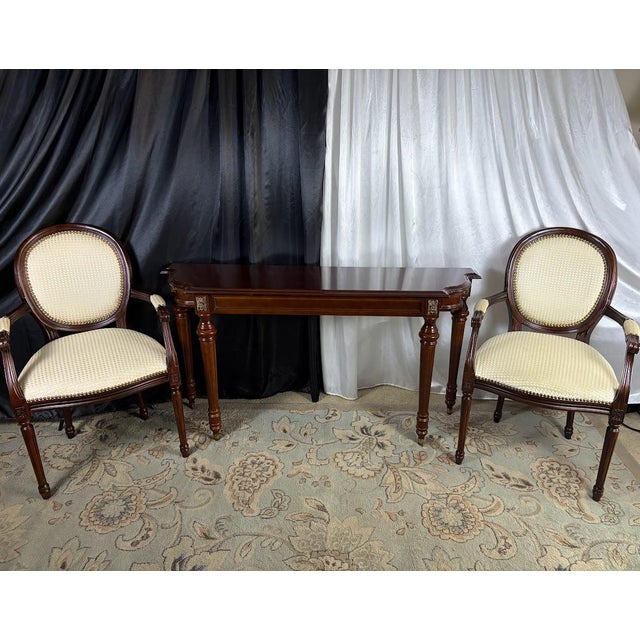 French Late 20th Century The Executive’s Alcove: Neoclassical Writing Console & Medallion Armchair Suite — 3 Pieces For Sale - Image 3 of 14