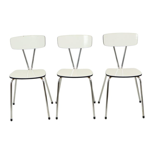 Set of 6 vintage dining chairs, chairs made of Formica, wood, and a chrome-plated metal base, presumably by Brabantia,...