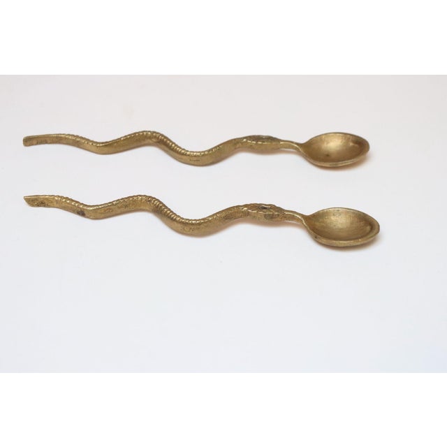 Art Deco Pair of Antique Brass Snake-Form Serpentine Demitasse Spoons For Sale - Image 3 of 12
