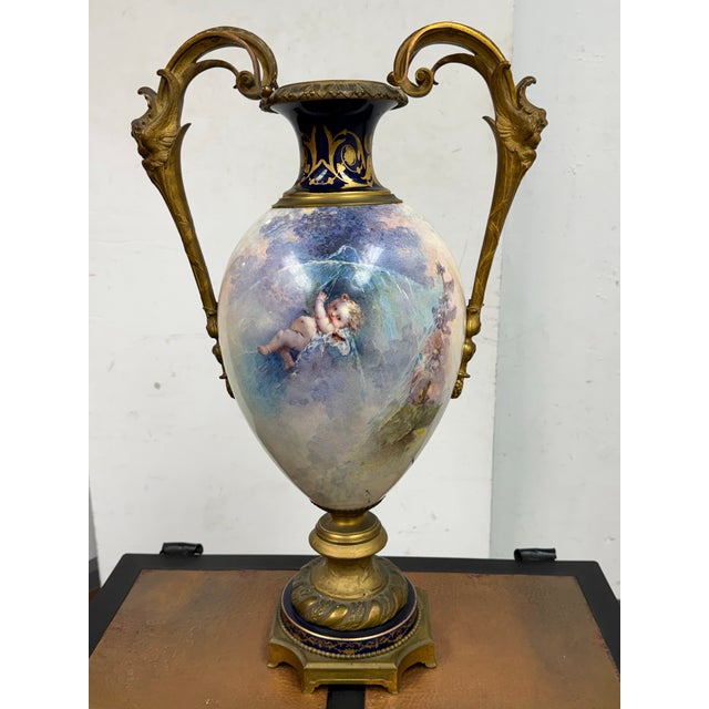 19th Century 19th Century Rococo Shepherds Lovers Porcelain Vase With Ormolu Cherub Handles For Sale - Image 5 of 12