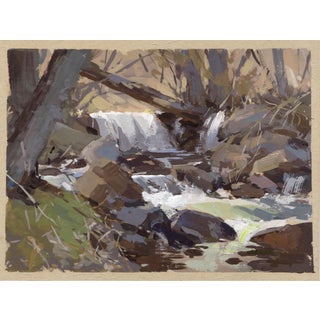 Eventide Falls by Judd Mercer | Gouache Painting of a small waterfall in a natural setting For Sale