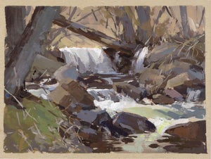 Eventide Falls by Judd Mercer | Gouache Painting of a small waterfall in a natural setting