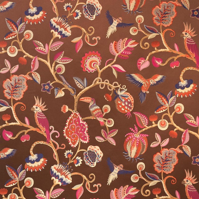 Schumacher Birds Of Paradise Fabric In Chestnut For Sale