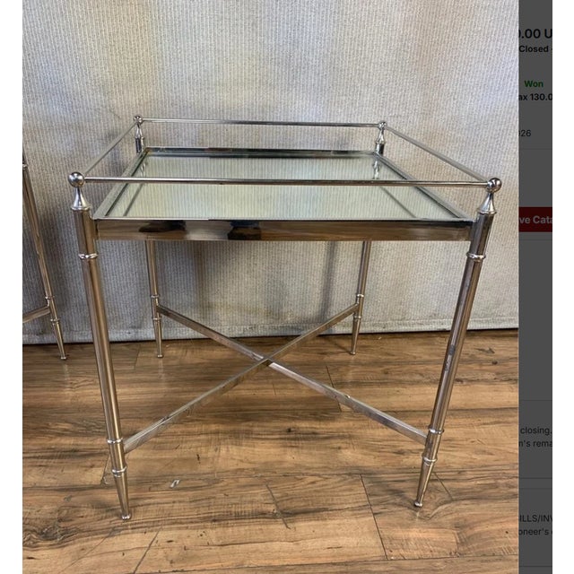 Pair of Vintage Stainless Steel Silver End Tables W Mirrored Table Tops For Sale - Image 4 of 4