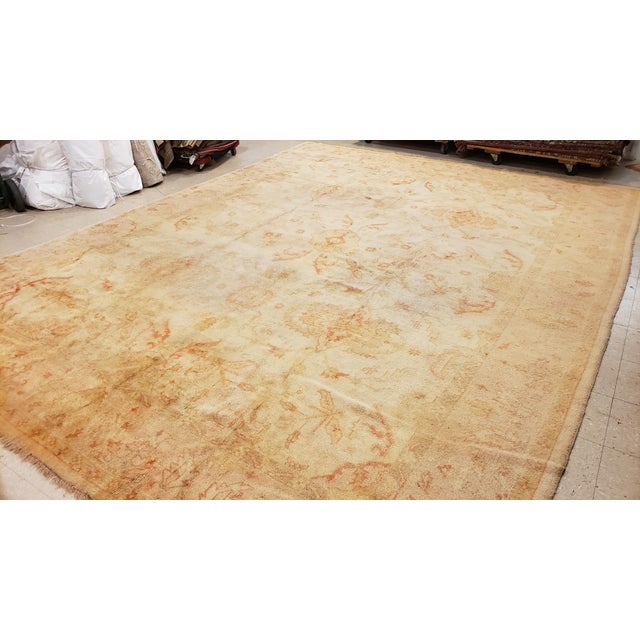 Turkish Antique Oushak Carpet, Oriental Rug, Handmade Ivory, Muted Shrimp, Soft Coral For Sale - Image 3 of 14