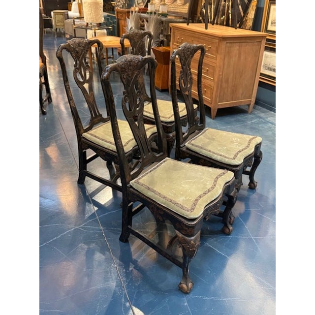 Set of 19th century English Queen Anne chinoiserie side chairs. English Queen Anne chinoiserie side chairs are some of the...
