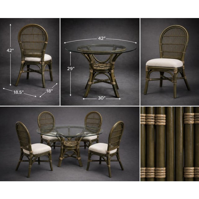 Late 20th Century Ritana Coastal Rattan Dining Set — 5 Piece Round Glass Top Table With Four Cane-Back Chairs, Deep Olive Sagewood Finish For Sale - Image 5 of 6