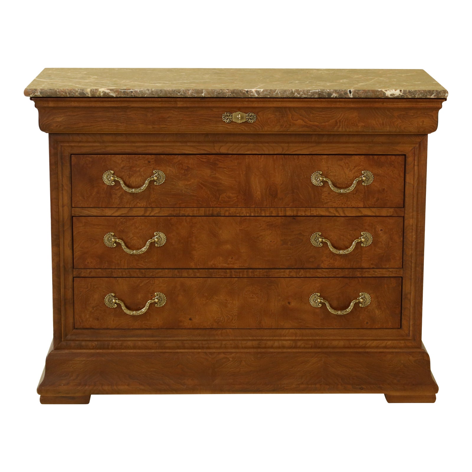 1980s Henredon Charles X Marble Top Burled Elm 4 Drawer Chest Dresser