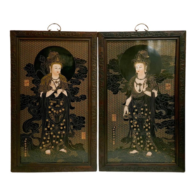 A Pair of Chinese Framed Porcelain Buddhist Temple Plaques of Standing Kuan Yin For Sale