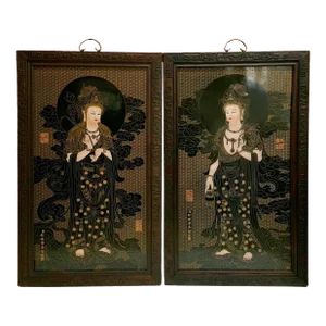 A Pair of Chinese Framed Porcelain Buddhist Temple Plaques of Standing Kuan Yin