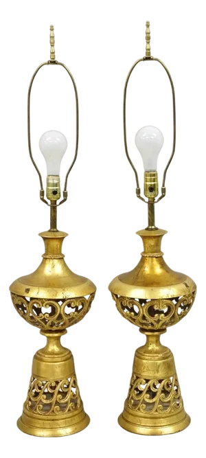 Vintage Italian Hollywood Regency Gold Gilt Iron Metal Fretwork Table Lamps Pair