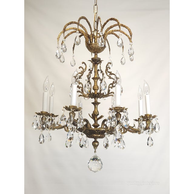 Antique Shimmering Sumptuous Stately Brass Cut Lead Glass Crystal Chandelier For Sale - Image 10 of 11