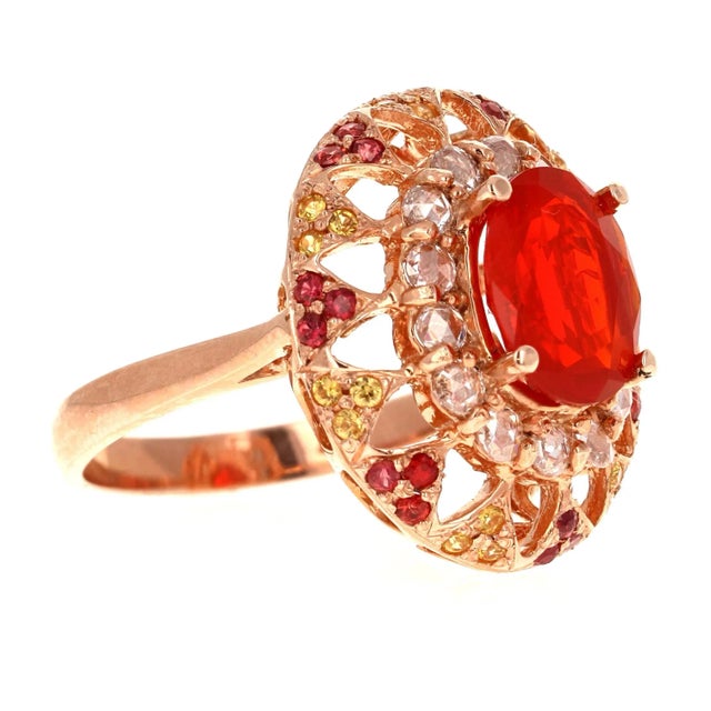 Metal 2.93 Carat Fire Opal Rose Cut Diamond Rose Gold Cocktail Ring Size 7 For Sale - Image 7 of 9