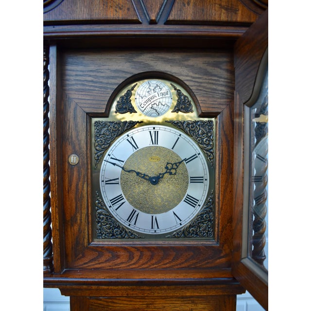 Ridgeway Oak Grandfather Clock Jacobean Style Barley Twist Tempus Fugit For Sale - Image 15 of 18