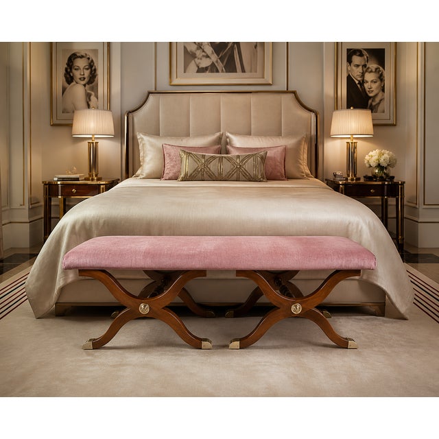 Art Deco Vintage Dorothy Draper Espana Pink Velvet Bench With Curule Legs For Sale - Image 3 of 15