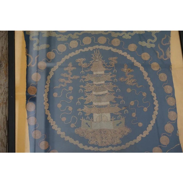 1800s Blue Scenic Architectural Antique Chinese Silk Embroidery 1'9"x 1'10" Flatweave Carpet Rug For Sale - Image 4 of 12