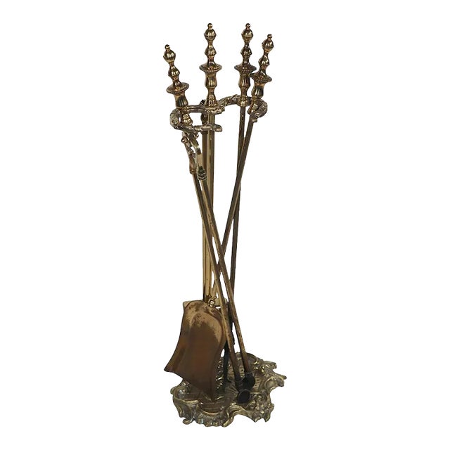 5pc Cast Brass Decorative French Style Fireplace Tool Set For Sale