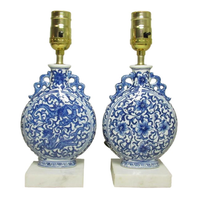Pair of Chinese Blue and White Porcelain Moon Flask Shaped Lamps For Sale