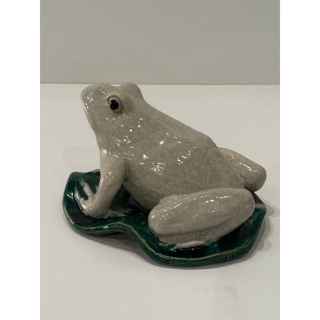Wonderful vintage glazed pottery frog on lily pad, made in Italy.