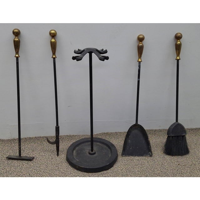 Five-Piece American Ball Brass Handle and Iron Fireplace Tools Set For Sale - Image 4 of 6