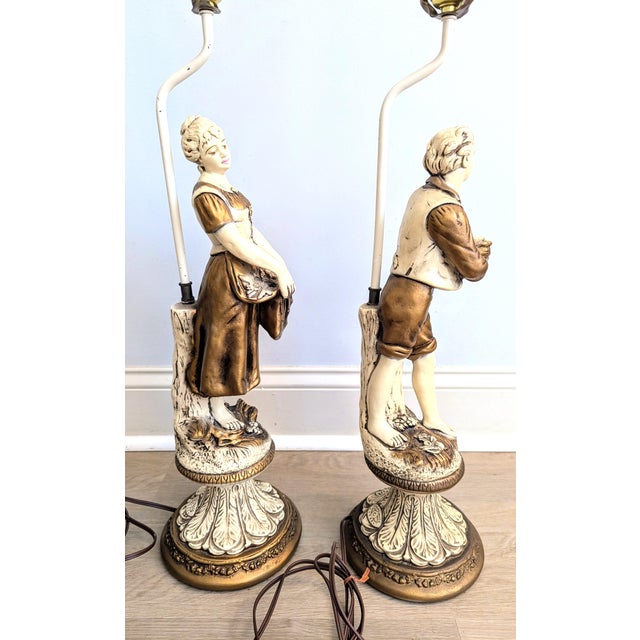Mid 20th Century French Figurative Lamp Boy Girl Peasants Chalkware - a Pair For Sale In Raleigh - Image 6 of 13