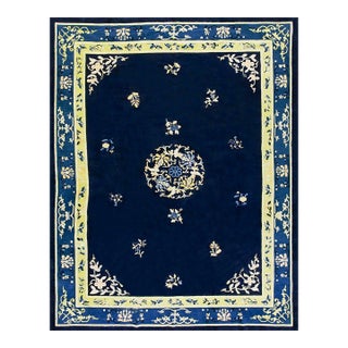 1920s Blue Navy Medallion Antique Chinese Peking Carpet 9'2" X 11'8" Knotted Wool Rug For Sale