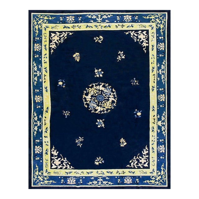 1920s Blue Navy Medallion Antique Chinese Peking Carpet 9'2" X 11'8" Knotted Wool Rug For Sale