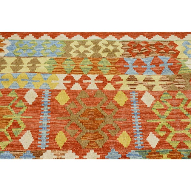 Vintage Afghan Maimana hand woven kilim with natural colors,organic wool and geometric pattern.