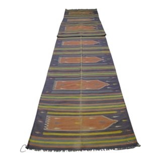 Vintage Dhurrie Extra-Long Geometric Runner Rug in Blue and Green | Rug & Kilim For Sale