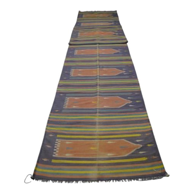 Vintage Dhurrie Extra-Long Geometric Runner Rug in Blue and Green | Rug & Kilim For Sale