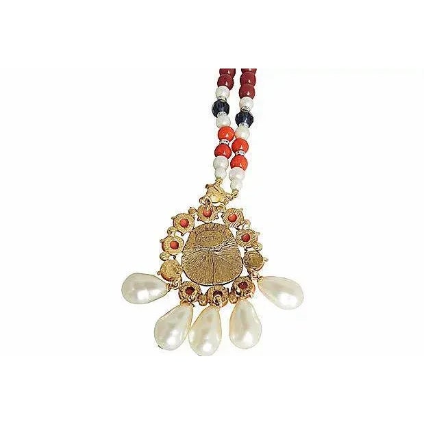 1990s Signed Gerard Yosca Faux-Baroque Pearl & Rhinestone Pendant Necklace For Sale - Image 5 of 7