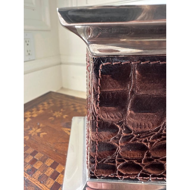 Vintage Leather and Silverplate Ralph Lauren Style Pillar Candleholder For Sale - Image 11 of 18