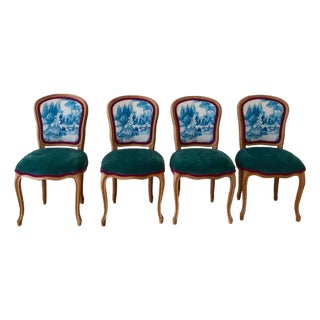 Louis XVI Style Chairs in Clark and Clark Toile Fabric With Kravet Emerald Green Chenille Seats - Set of 4 For Sale