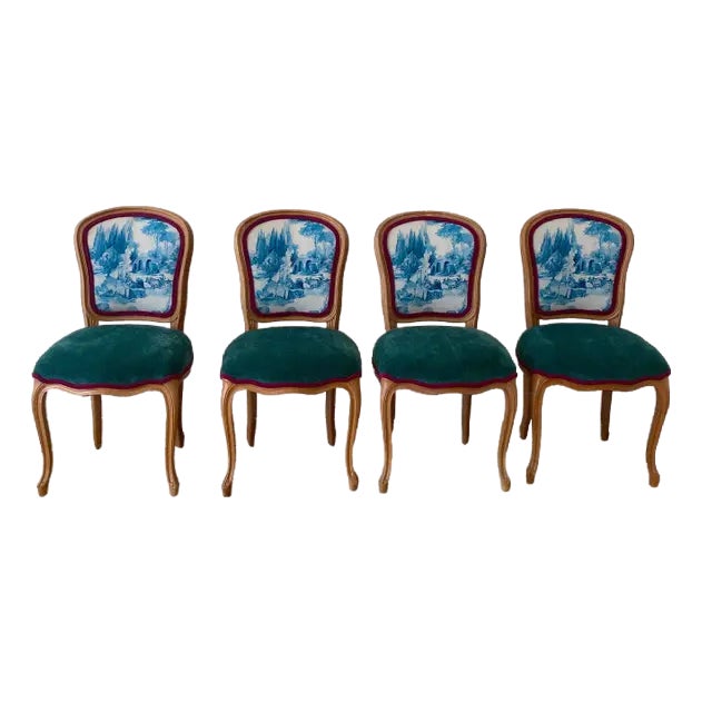 Louis XVI Style Chairs in Clark and Clark Toile Fabric With Kravet Emerald Green Chenille Seats - Set of 4 For Sale