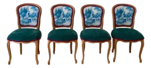 Louis XVI Style Chairs in Clark and Clark Toile Fabric With Kravet Emerald Green Chenille Seats - Set of 4